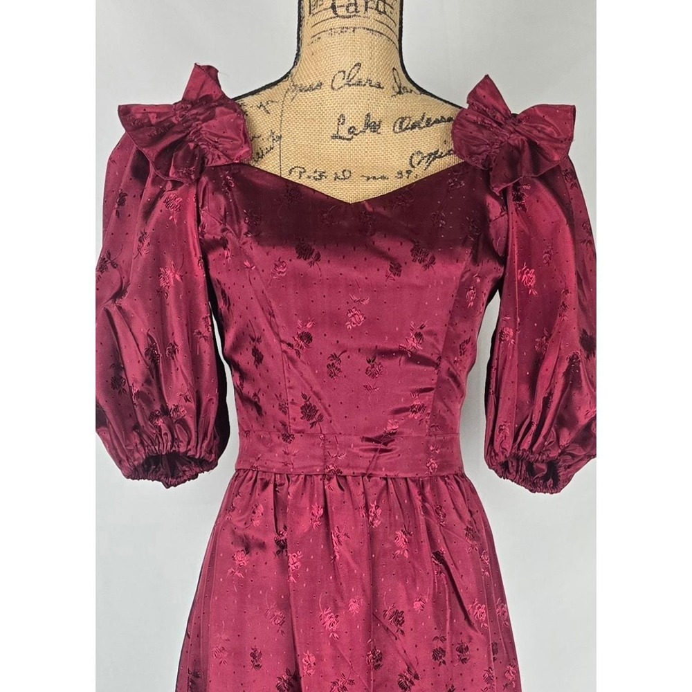 Vintage 80s Burgundy Floral Satin Jacquard Gown ILGWU Union Made Prom Dress 7-8 - Picture 3 of 16